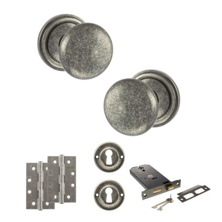 Atlantic Old English Harrogate Door Knob Pack (Lock Set - Horizontal Sashlock, 4" Slim Knuckle Hinges x2) - Distressed Silver