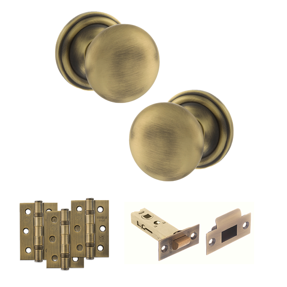 ADPOE58MMKMAB55_OLD-ENGLISH-HARROGATE-MATT-ANTIQUE-BRASS.jpg Atlantic Old English Harrogate Door Knob Pack (Latch Set - 4" HD Latch, 3" Fire Rated Hinges x3) - Matt Antique Brass - Image 1