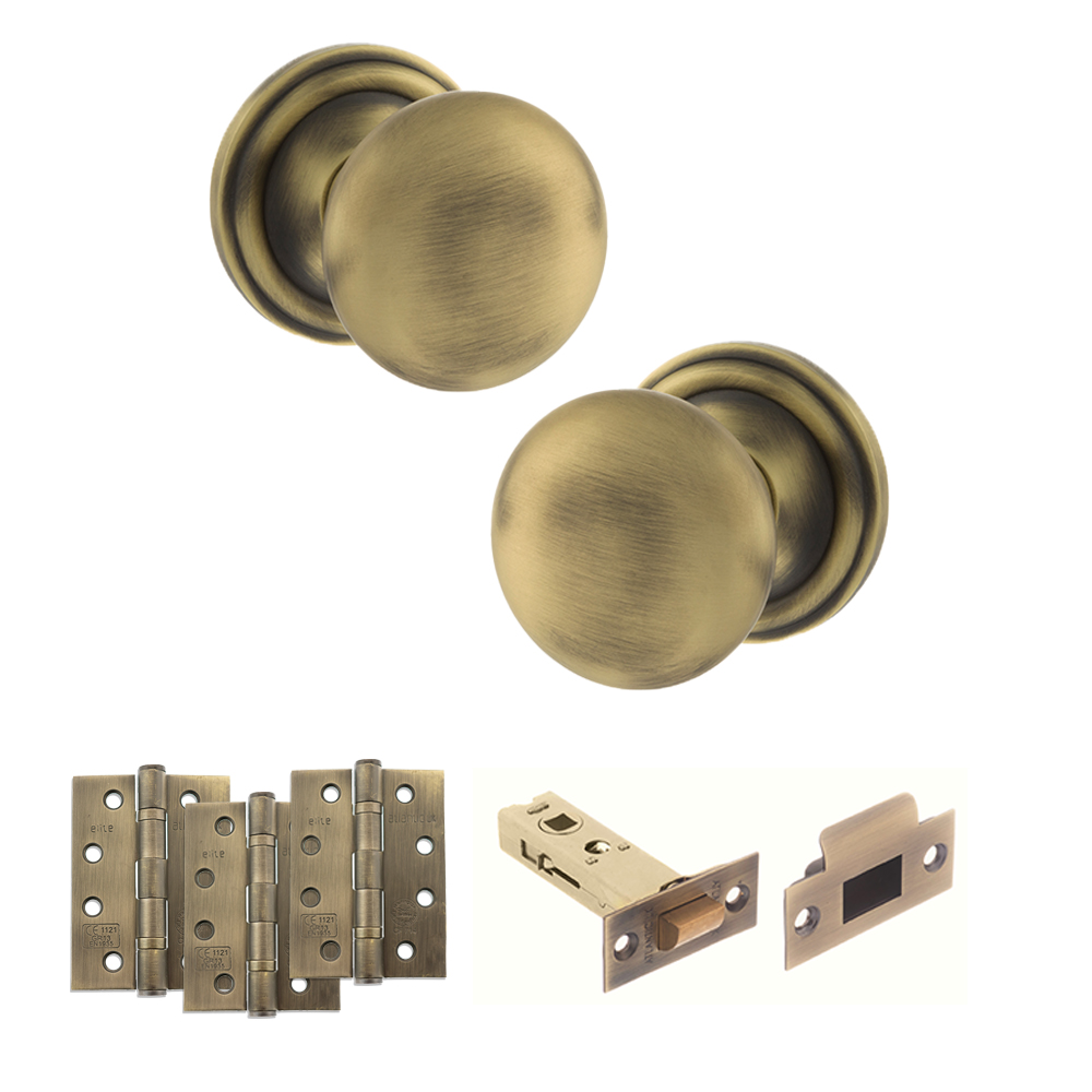 ADPOE58MMKMAB56_OLD-ENGLISH-HARROGATE-MATT-ANTIQUE-BRASS.jpg Atlantic Old English Harrogate Door Knob Pack (Latch Set - 3" HD Latch, 4" Fire Rated Hinges x3) - Matt Antique Brass - Image 1
