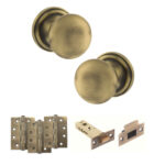 Atlantic Old English Harrogate Door Knob Pack (Latch Set - 4" HD Latch, 4" Fire Rated Hinges x3) - Matt Antique Brass