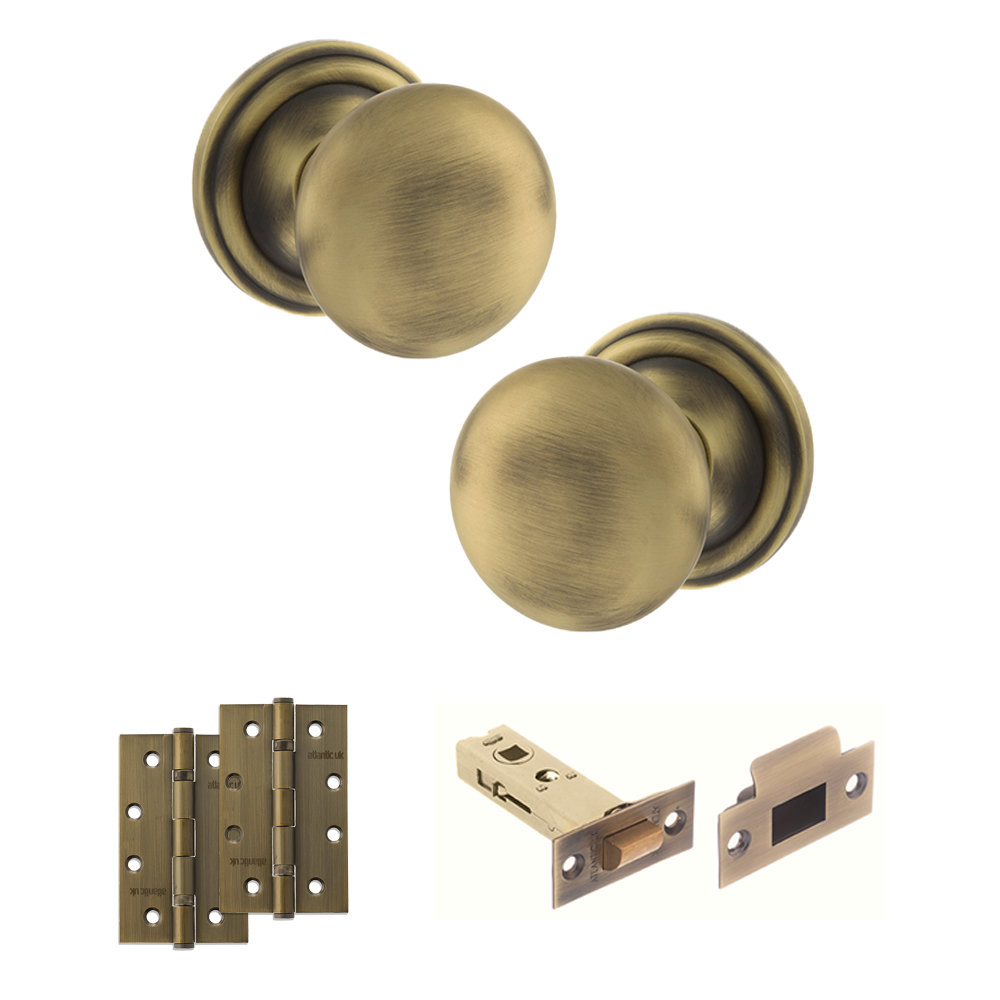 ADPOE58MMKMAB59_OLD-ENGLISH-HARROGATE-MATT-ANTIQUE-BRASS.jpg Atlantic Old English Harrogate Door Knob Pack (Latch Set - 4" HD Latch, 4" Slim Knuckle Hinges x2) - Matt Antique Brass - Image 1