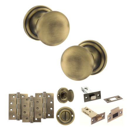 Atlantic Old English Harrogate Door Knob Pack (Bathroom Set - 3" Deadbolt, 4" Fire Rated Hinges x3) - Matt Antique Brass