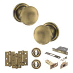 Atlantic Old English Harrogate Door Knob Pack (Lock Set - 3" Latch & Deadlock, 3" Fire Rated Hinges x3) - Matt Antique Brass