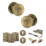 Atlantic Old English Harrogate Door Knob Pack (Lock Set - 3" Latch & Deadlock, 4" Fire Rated Hinges x3) - Matt Antique Brass