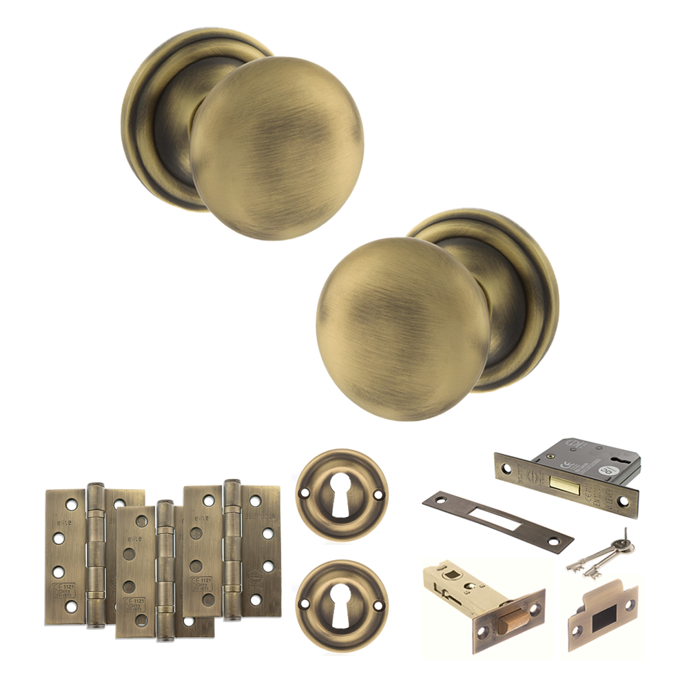 ADPOE58MMKMAB67_OLD-ENGLISH-HARROGATE-MATT-ANTIQUE-BRASS.jpg Atlantic Old English Harrogate Door Knob Pack (Lock Set - 3" Latch & Deadlock, 4" Fire Rated Hinges x3) - Matt Antique Brass - Image 1