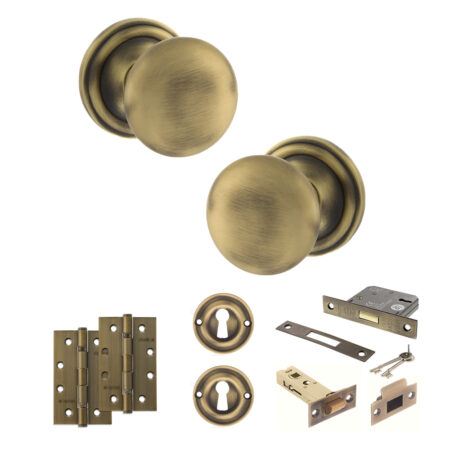 Atlantic Old English Harrogate Door Knob Pack (Lock Set - 3" Latch & Deadlock, 4" Slim Knuckle Hinges x2) - Matt Antique Brass