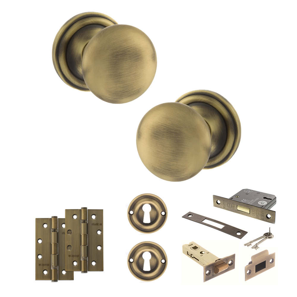 ADPOE58MMKMAB68_OLD-ENGLISH-HARROGATE-MATT-ANTIQUE-BRASS.jpg Atlantic Old English Harrogate Door Knob Pack (Lock Set - 3" Latch & Deadlock, 4" Slim Knuckle Hinges x2) - Matt Antique Brass - Image 1