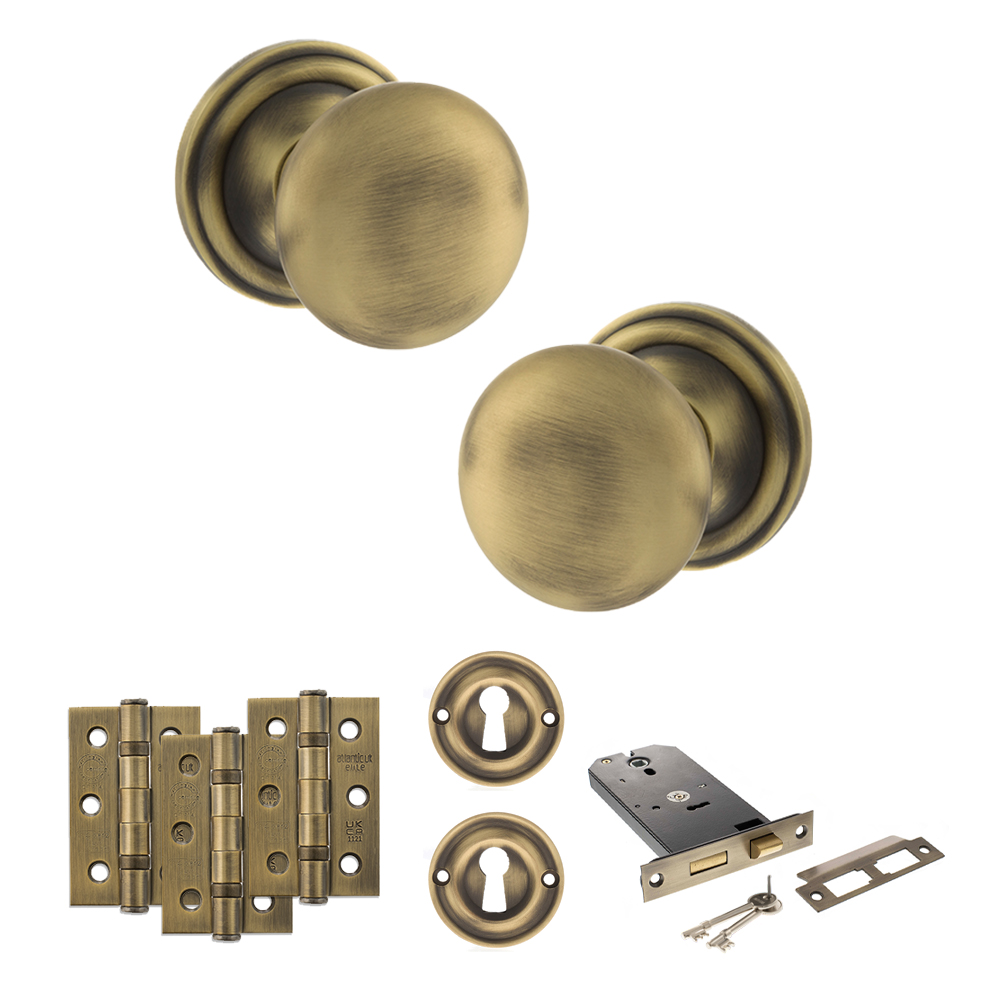 ADPOE58MMKMAB69_OLD-ENGLISH-HARROGATE-MATT-ANTIQUE-BRASS.jpg Atlantic Old English Harrogate Door Knob Pack (Lock Set - Horizontal Sashlock, 3" Fire Rated Hinges x3) - Matt Antique Brass - Image 1