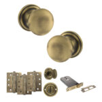 Atlantic Old English Harrogate Door Knob Pack (Lock Set - Horizontal Bathlock, 4" Fire Rated Hinges x3) - Matt Antique Brass