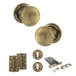 Atlantic Old English Harrogate Door Knob Pack (Lock Set - Horizontal Sashlock, 4" Slim Knuckle Hinges x2) - Matt Antique Brass