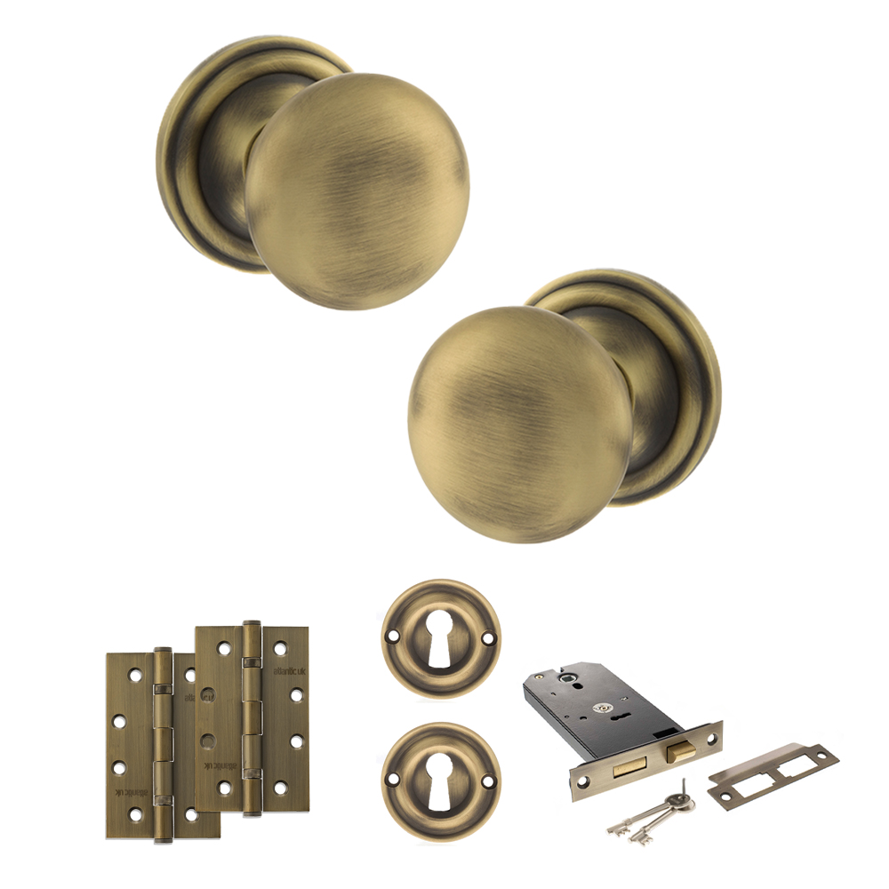 ADPOE58MMKMAB73_OLD-ENGLISH-HARROGATE-MATT-ANTIQUE-BRASS.jpg Atlantic Old English Harrogate Door Knob Pack (Lock Set - Horizontal Sashlock, 4" Slim Knuckle Hinges x2) - Matt Antique Brass - Image 1
