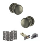 Atlantic Old English Harrogate Door Knob Pack (Latch Set - 4" HD Latch, 3" Fire Rated Hinges x3) - Matt Gun Metal