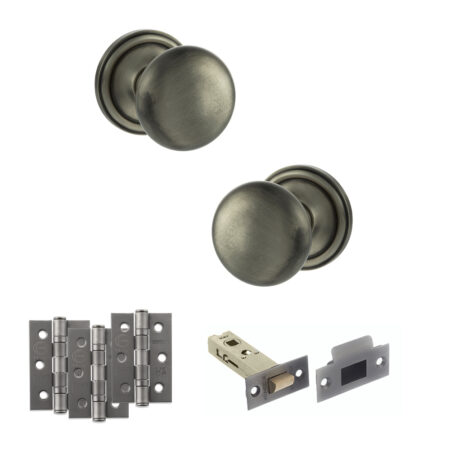 Atlantic Old English Harrogate Door Knob Pack (Latch Set - 4" HD Latch, 3" Fire Rated Hinges x3) - Matt Gun Metal