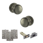 Atlantic Old English Harrogate Door Knob Pack (Latch Set - 3" HD Latch, 4" Fire Rated Hinges x3) - Matt Gun Metal