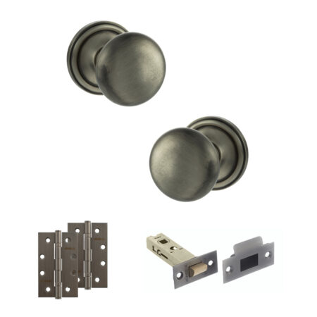 Atlantic Old English Harrogate Door Knob Pack (Latch Set - 3" HD Latch, 4" Slim Knuckle Hinges x2) - Matt Gun Metal