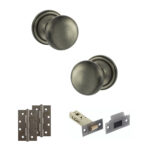 Atlantic Old English Harrogate Door Knob Pack (Latch Set - 4" HD Latch, 4" Slim Knuckle Hinges x2) - Matt Gun Metal