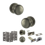 Atlantic Old English Harrogate Door Knob Pack (Bathroom Set - 3" Deadbolt, 3" Fire Rated Hinges x3) - Matt Gun Metal