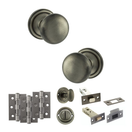 Atlantic Old English Harrogate Door Knob Pack (Bathroom Set - 4" Deadbolt, 3" Fire Rated Hinges x3) - Matt Gun Metal