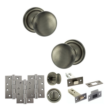 Atlantic Old English Harrogate Door Knob Pack (Bathroom Set - 3" Deadbolt, 4" Fire Rated Hinges x3) - Matt Gun Metal
