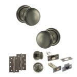 Atlantic Old English Harrogate Door Knob Pack (Bathroom Set - 4" Deadbolt, 4" Slim Knuckle Hinges x2) - Matt Gun Metal