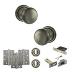 Atlantic Old English Harrogate Door Knob Pack (Lock Set - 3" Latch & Deadlock, 4" Fire Rated Hinges x3) - Matt Gun Metal