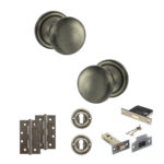 Atlantic Old English Harrogate Door Knob Pack (Lock Set - 3" Latch & Deadlock, 4" Slim Knuckle Hinges x2) - Matt Gun Metal