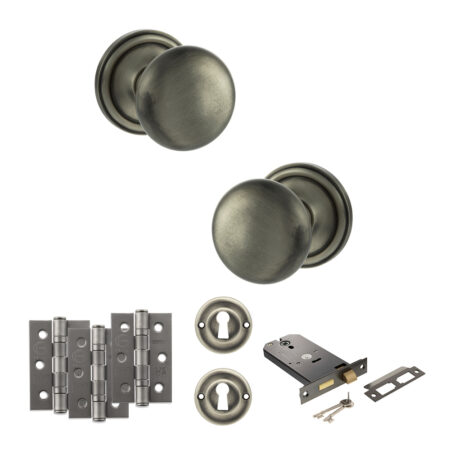 Atlantic Old English Harrogate Door Knob Pack (Lock Set - Horizontal Sashlock, 3" Fire Rated Hinges x3) - Matt Gun Metal