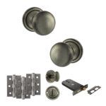 Atlantic Old English Harrogate Door Knob Pack (Lock Set - Horizontal Bathlock, 3" Fire Rated Hinges x3) - Matt Gun Metal
