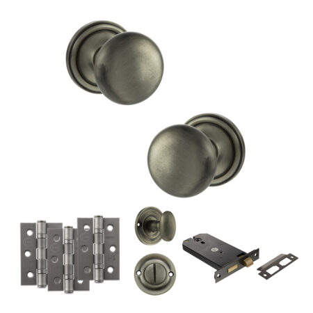 Atlantic Old English Harrogate Door Knob Pack (Lock Set - Horizontal Bathlock, 3" Fire Rated Hinges x3) - Matt Gun Metal