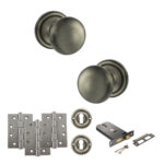 Atlantic Old English Harrogate Door Knob Pack (Lock Set - Horizontal Sashlock, 4" Fire Rated Hinges x3) - Matt Gun Metal