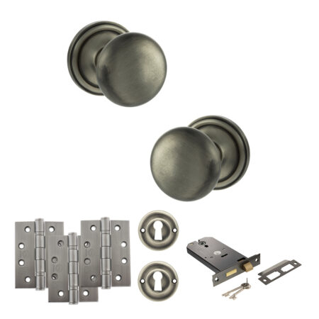 Atlantic Old English Harrogate Door Knob Pack (Lock Set - Horizontal Sashlock, 4" Fire Rated Hinges x3) - Matt Gun Metal