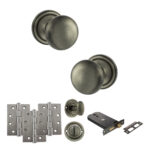 Atlantic Old English Harrogate Door Knob Pack (Lock Set - Horizontal Bathlock, 4" Fire Rated Hinges x3) - Matt Gun Metal