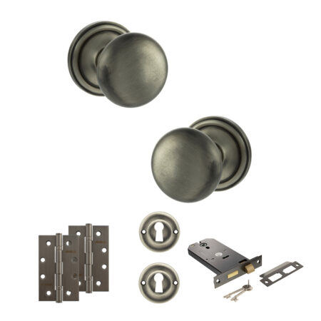 Atlantic Old English Harrogate Door Knob Pack (Lock Set - Horizontal Sashlock, 4" Slim Knuckle Hinges x2) - Matt Gun Metal