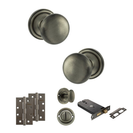 Atlantic Old English Harrogate Door Knob Pack (Lock Set - Horizontal Bathlock, 4" Slim Knuckle Hinges x2) - Matt Gun Metal