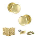 Atlantic Old English Harrogate Door Knob Pack (Latch Set - 3" HD Latch, 3" Fire Rated Hinges x3) - Polished Brass