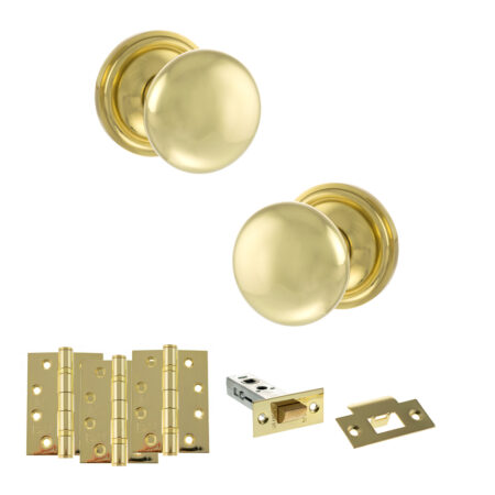 Atlantic Old English Harrogate Door Knob Pack (Latch Set - 4" HD Latch, 4" Fire Rated Hinges x3) - Polished Brass