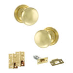 Atlantic Old English Harrogate Door Knob Pack (Latch Set - 4" HD Latch, 4" Slim Knuckle Hinges x2) - Polished Brass