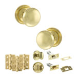 Atlantic Old English Harrogate Door Knob Pack (Bathroom Set - 3" Deadbolt, 3" Fire Rated Hinges x3) - Polished Brass