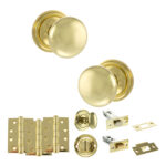 Atlantic Old English Harrogate Door Knob Pack (Bathroom Set - 4" Deadbolt, 4" Fire Rated Hinges x3) - Polished Brass