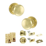 Atlantic Old English Harrogate Door Knob Pack (Bathroom Set - 4" Deadbolt, 4" Slim Knuckle Hinges x2) - Polished Brass