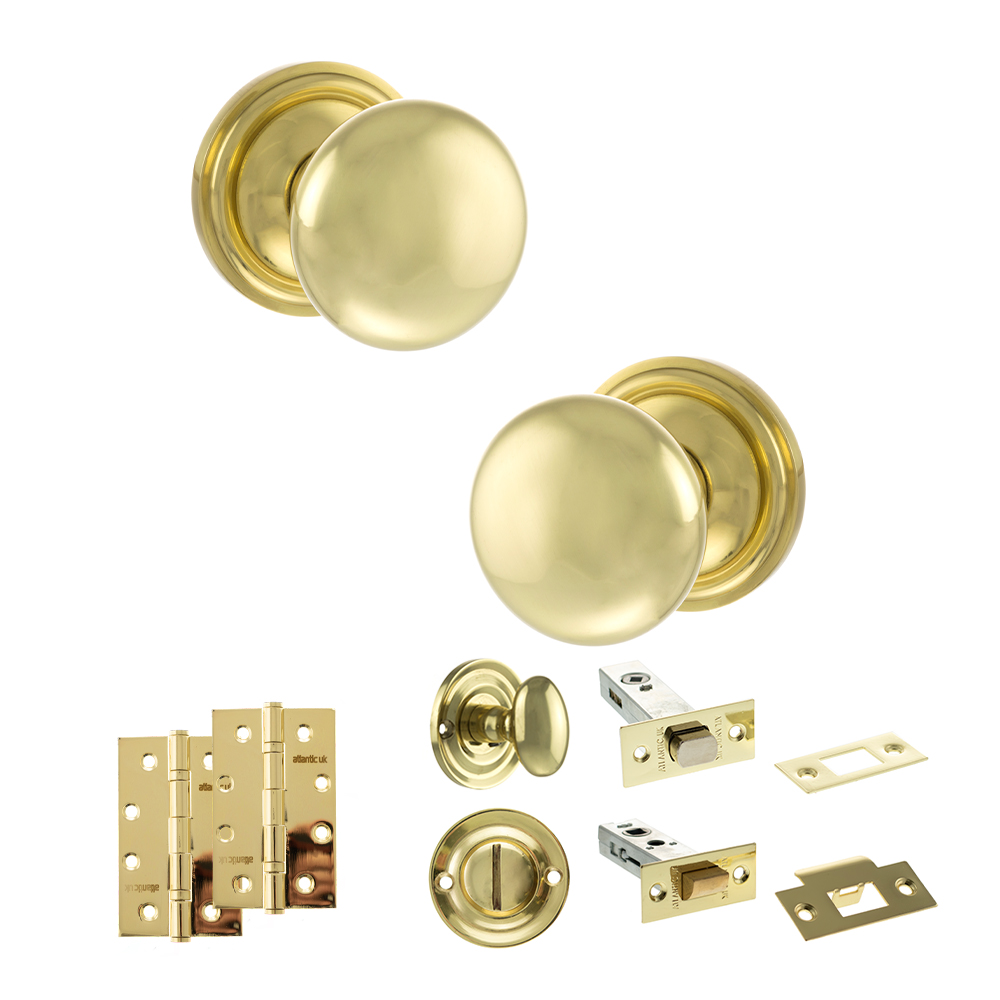ADPOE58MMKPB65_OLD-ENGLISH-HARROGATE-POLISHED-BRASS.jpg Atlantic Old English Harrogate Door Knob Pack (Bathroom Set - 4" Deadbolt, 4" Slim Knuckle Hinges x2) - Polished Brass - Image 1