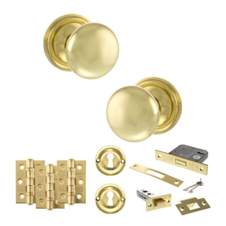 Atlantic Old English Harrogate Door Knob Pack (Lock Set - 3" Latch & Deadlock, 3" Fire Rated Hinges x3) - Polished Brass