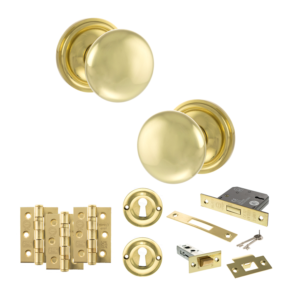 ADPOE58MMKPB66_OLD-ENGLISH-HARROGATE-POLISHED-BRASS.jpg Atlantic Old English Harrogate Door Knob Pack (Lock Set - 3" Latch & Deadlock, 3" Fire Rated Hinges x3) - Polished Brass - Image 1