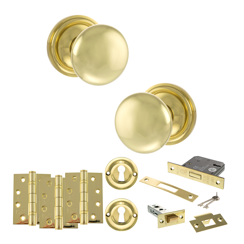 ADPOE58MMKPB67_OLD-ENGLISH-HARROGATE-POLISHED-BRASS.jpg Atlantic Old English Harrogate Door Knob Pack (Lock Set - 3" Latch & Deadlock, 4" Fire Rated Hinges x3) - Polished Brass - Image 1