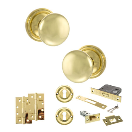 Atlantic Old English Harrogate Door Knob Pack (Lock Set - 3" Latch & Deadlock, 4" Slim Knuckle Hinges x2) - Polished Brass