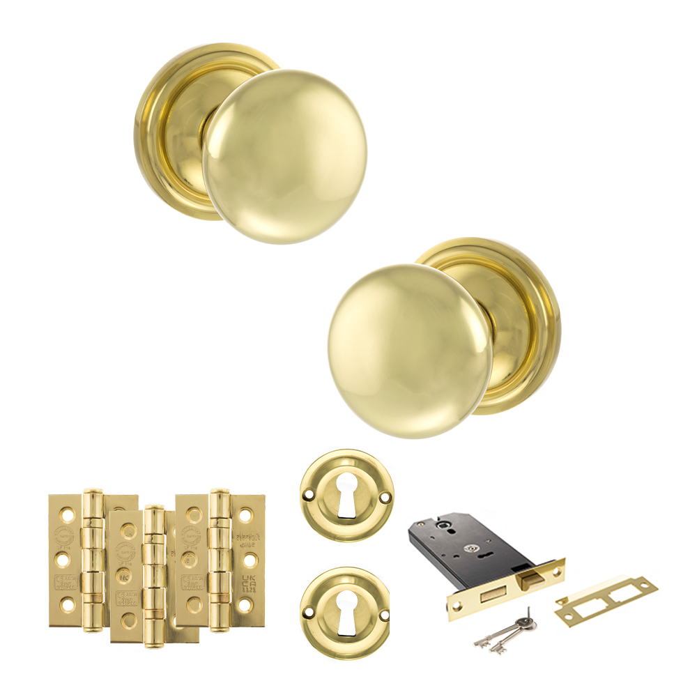 ADPOE58MMKPB69_OLD-ENGLISH-HARROGATE-POLISHED-BRASS.jpg Atlantic Old English Harrogate Door Knob Pack (Lock Set - Horizontal Sashlock, 3" Fire Rated Hinges x3) - Polished Brass - Image 1