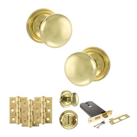 Atlantic Old English Harrogate Door Knob Pack (Lock Set - Horizontal Bathlock, 3" Fire Rated Hinges x3) - Polished Brass
