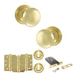 Atlantic Old English Harrogate Door Knob Pack (Lock Set - Horizontal Sashlock, 4" Fire Rated Hinges x3) - Polished Brass