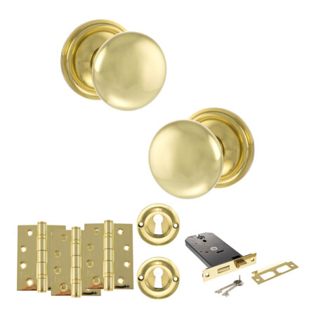 Atlantic Old English Harrogate Door Knob Pack (Lock Set - Horizontal Sashlock, 4" Fire Rated Hinges x3) - Polished Brass