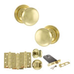 Atlantic Old English Harrogate Door Knob Pack (Lock Set - Horizontal Bathlock, 4" Fire Rated Hinges x3) - Polished Brass